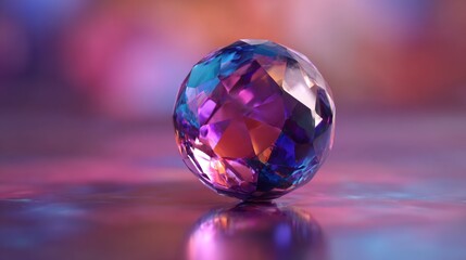 Faceted Sphere: Abstract Gemstone with Vibrant Purple, Blue, and Orange Reflections