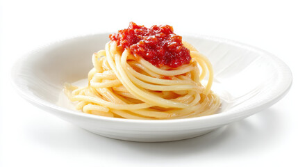 Kleines Spaghetti-Nest mit Tomatensauce auf weißem Teller isoliert