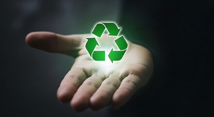 Green recycling symbol glowing brightly above open palm hand