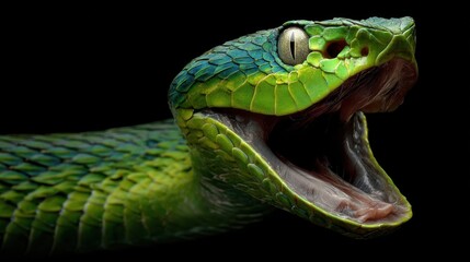 Fototapeta premium Vibrant Green Viper's Jaws Agap, Piercing Golden Eye, Detailed Scales on Black
