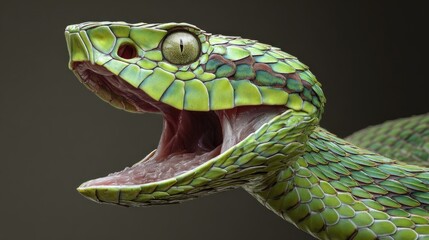 Extreme Close-Up of a Vibrant Green Viper's Open Mouth and Piercing Eye