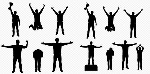 Silhouettes of people celebrating, with arms raised, jumping, and holding a trophy, expressing success and achievement.