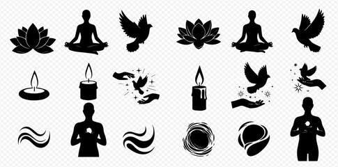 Collection of black and white spiritual and meditative symbols, including lotus flowers, yoga poses, doves, candles, and abstract designs.