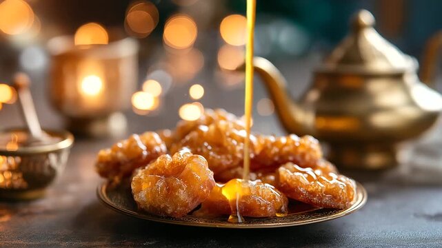 Chebakia flower-shaped honey pastries served during Ramadan, close-up with honey glaze glistening, brass teapot in background, Ramadan vibes in Morocco, under soft warm light highl