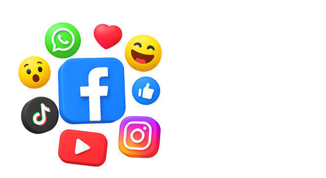 3d social media icons. Emoji reactions with Facebook, Instagram, Youtube, WhatsApp. Modern social network background design.