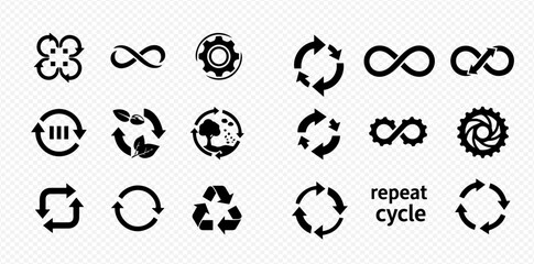 Collection of recycling and infinity symbols, representing sustainability and continuous processes.