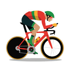 Cyclist in racing gear on a time trial bicycle, focused and determined, isolated on white background