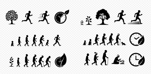 Silhouettes showing the life cycle of a tree and a human, and the importance of time.