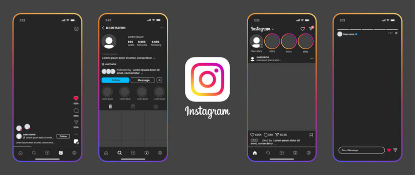 Instagram app dark mode interface, Instagram UI design on smartphone screen, Instagram social media layout mockup on mobile device