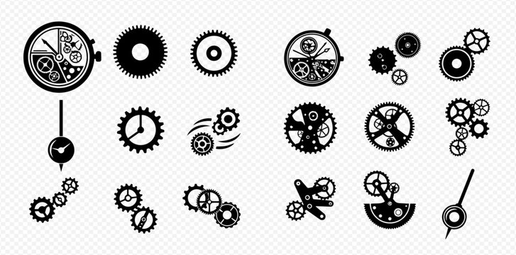 Collection of black and white steampunk gear and clockwork designs.