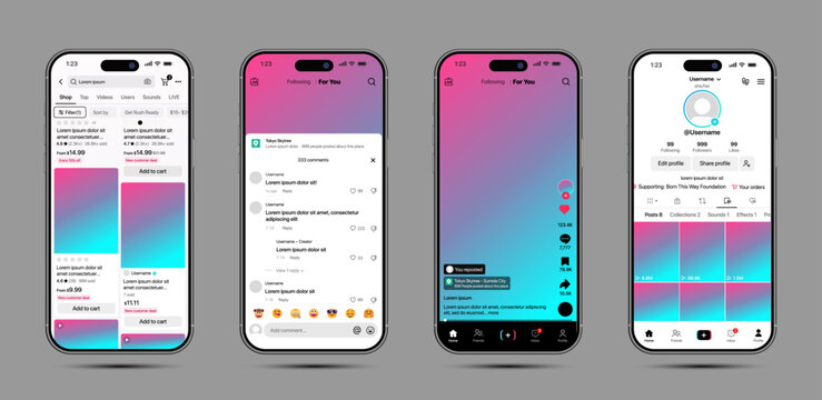 TikTok app interface in dark mode, TikTok UI design and layout on smartphone screen, TikTok social media application mockup on mobile device