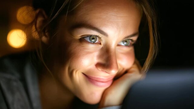 Young woman smiling during online therapy session on laptop, soft light from screen illuminating face, comfort and connection, digital counseling, telehealth concept, emotional sup