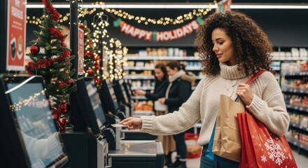 Holiday Retail Scene — Woman Paying at Supermarket Counter