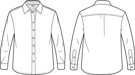 Long sleeve button down shirt flat sketch, front and back technical fashion CAD, classic collar woven top, placket cuff, sewing construction vector