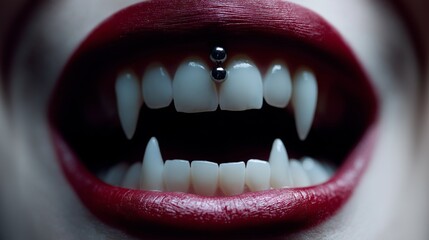 Naklejka premium Extreme close-up of a mouth with bright red lipstick, showing pointed white vampire fangs and a tongue piercing. Horror, beauty, and gothic style concept