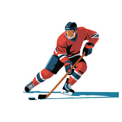 Obraz premium Ice hockey player in red uniform skating with stick and puck isolated on white background