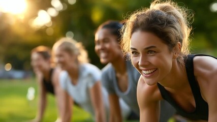 Group of friends doing outdoor bootcamp training on grassy field, laughing and motivating each other, warm evening light, teamwork fitness, group exercise, outdoor workout, motivat - Powered by Adobe