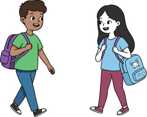 Children Walking with Backpacks – Vector School Kids in Motion for Educational, Lifestyle, Social Interaction, and Character Design Themes