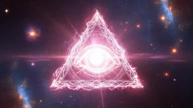 Hypnotic cosmic eye opens, revealing infinite universe within a triangle of light and energy