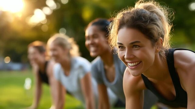 Group of friends doing outdoor bootcamp training on grassy field, laughing and motivating each other, warm evening light, teamwork fitness, group exercise, outdoor workout, motivat