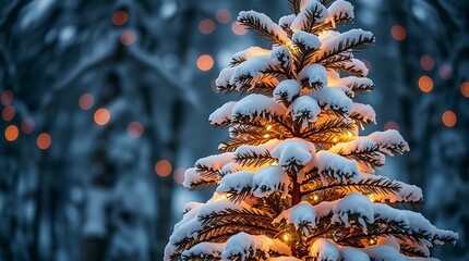 Snow covered christmas tree with warm twinkling lights outdoors at dusk