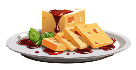 Vector drawing of rustic parmesan pieces on a white plate, drizzled with balsamic glaze, side view.