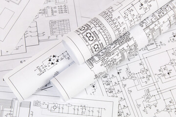 Electronics and Engineering. Printed drawings of electrical circ