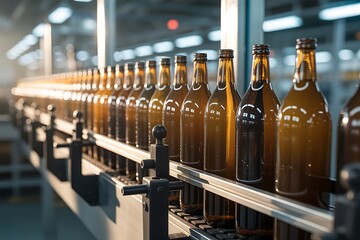 Row of Empty Amber Glass Bottles on a Conveyor Belt in a Factory image photo