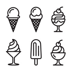 Minimalist icons of ice cream cones, sundaes, and popsicles, isolated on white background