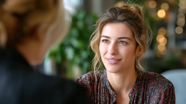 Female therapist listening attentively to client in bright modern office, empathy and support concept, professional care, therapy session, mental health awareness, emotional healin