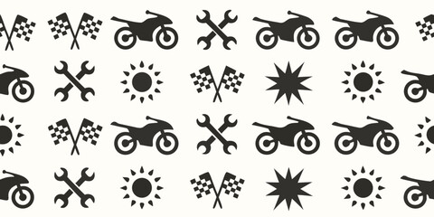 Seamless pattern of motorcycle racing icons including checkered flags wrenches suns and starbursts on a light background