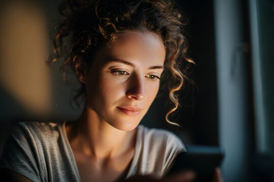 Woman Using Phone: A woman with curly hair is engrossed in her phone, likely checking messages or using an app, the warm light enhancing her natural beauty.