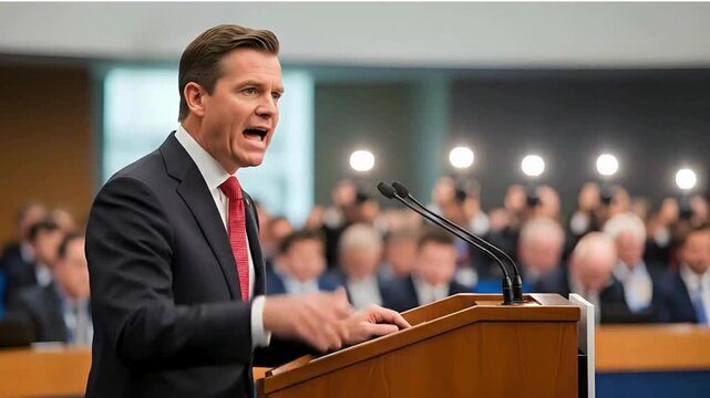 Passionate speaker delivers impactful speech, gesturing emphatically to an engaged audience in a formal setting.