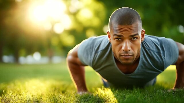 Man doing push-ups in park with trees and morning light, strength and discipline concept, natural shadows, outdoor fitness, bodyweight training, daily workout, motivation and perse