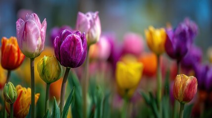 Naklejka premium Vibrant Tulips in Soft Bokeh: A Symphony of Spring Colors and Delicate Textures