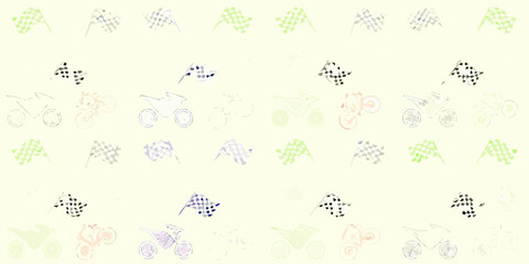 Whimsical pattern of checkered flags and motorcycle silhouettes in pastel colors on a cream background