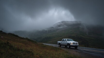 Fototapeta premium Silver Pickup Truck on Misty Mountain Road, Atmospheric Landscape.