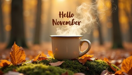 Ceramic mug with rising steam placed on moss among fallen autumn leaves in forest. “Hello November” text. Greetings, editorial, and social media.