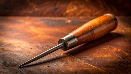 Classic woodworking awl with a polished wooden handle on a rustic surface.