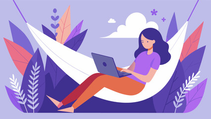 A woman relaxing on a hammock strung between two lavender bushes with her laptop perched on her lap as she works.. Vector illustration