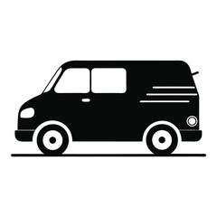 Stylized silhouette shows a dark van with simple, details on a flat surface