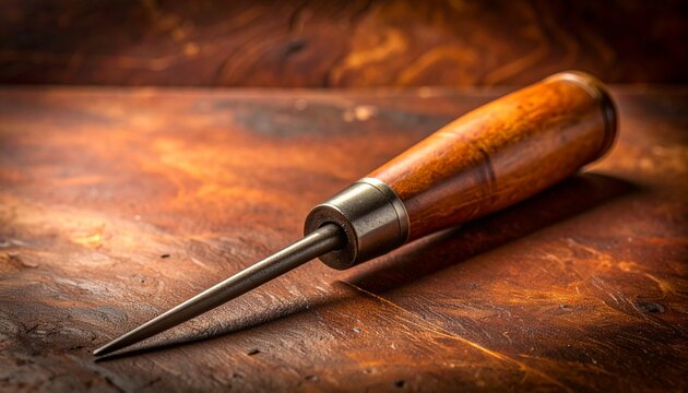 Classic woodworking awl with a polished wooden handle on a rustic surface.