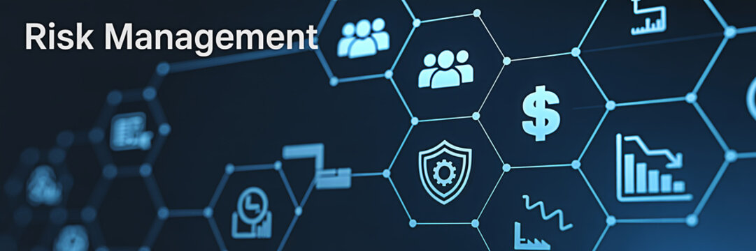 Risk management concept with interconnected icons representing security finance teamwork and data analysis on a dark blue background for business presentations - Powered by Adobe