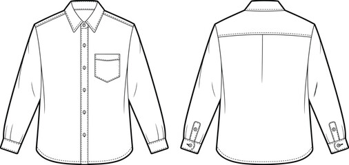 Classic mens button-up shirt fashion flat with collar, front pocket, long sleeves and cuff placket detail, front and back apparel technical drawing template