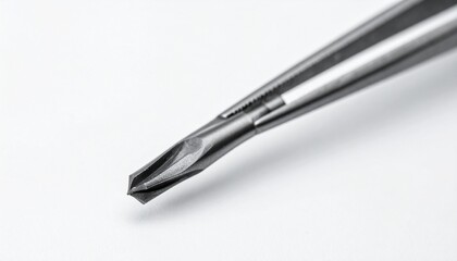 Macro close up of a metallic drill bit tip isolated on a clean white background.