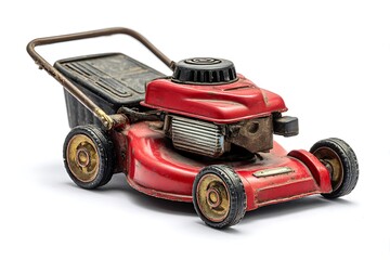 Vintage red lawnmower with worn exterior and dusty details sits on a clean white background, evoking nostalgia and classic gardening.