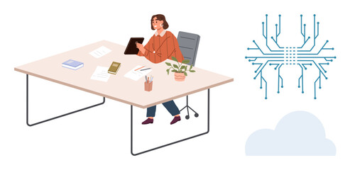 Woman using digital tablet at desk with books, stationery, plant. Cloud and AI circuit represent technology concepts. Ideal for innovation, AI, cloud computing, productivity, futurism data modern