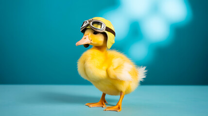 Cute yellow duck wearing pilot goggles on blue background
