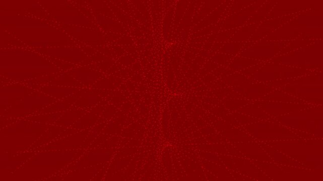 Abstract animation featuring red particles forming a branching radial pattern that rotates around its axis on a dark red background.