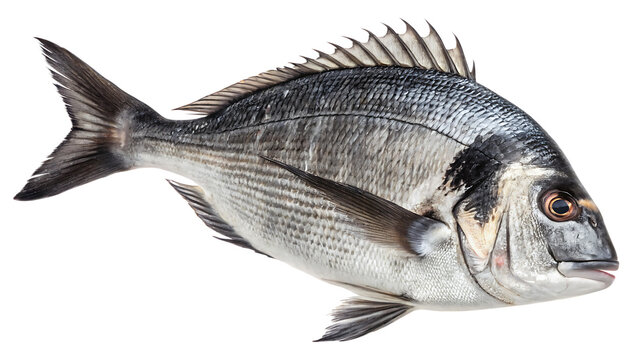 Black seabream fish cut out isolated on white background PNG. AI GENERATED.
